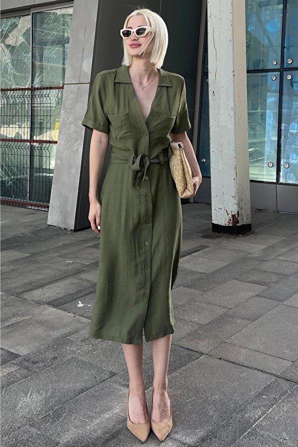 Madmext Yeşil Gömlek Yaka Cep Detaylı Düğmeli Uzun Elbise MG2083