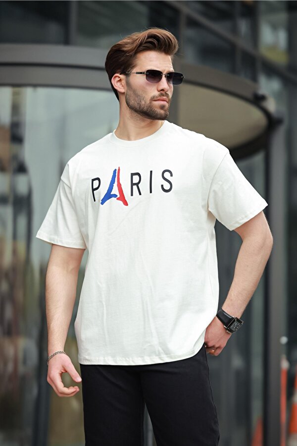 Madmext Ekru %100 Pamuklu Baskılı Erkek Tişört E7146