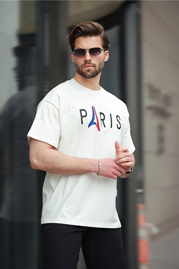 Madmext Ekru %100 Pamuklu Baskılı Erkek Tişört E7146