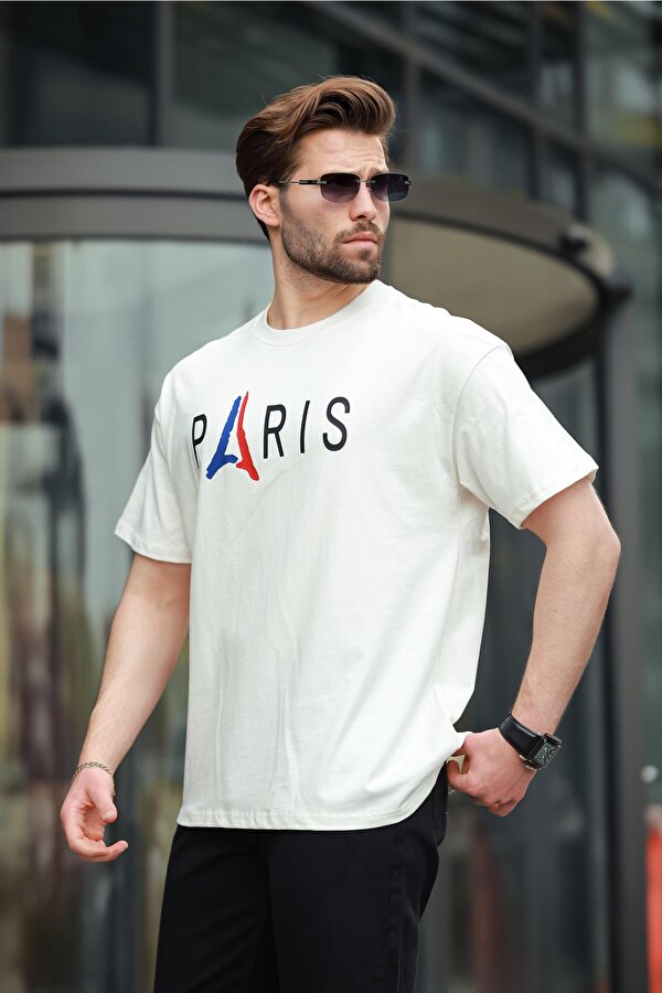 Madmext Ekru %100 Pamuklu Baskılı Erkek Tişört E7146