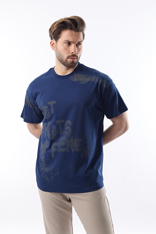 Madmext Lacivert Baskılı Erkek T-shirt E7115