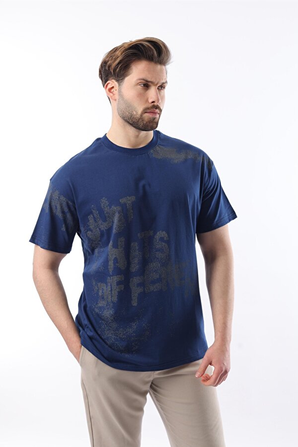 Madmext Lacivert Baskılı Erkek T-shirt E7115