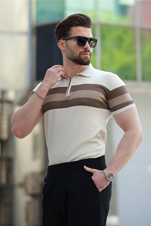 Madmext Taba Fermuarlı Polo Yaka Çizgili Erkek Tişört E7406