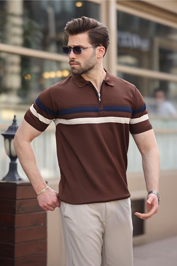 Madmext Kahverengi Fermuarlı Polo Yaka Triko Erkek T-shirt E7299