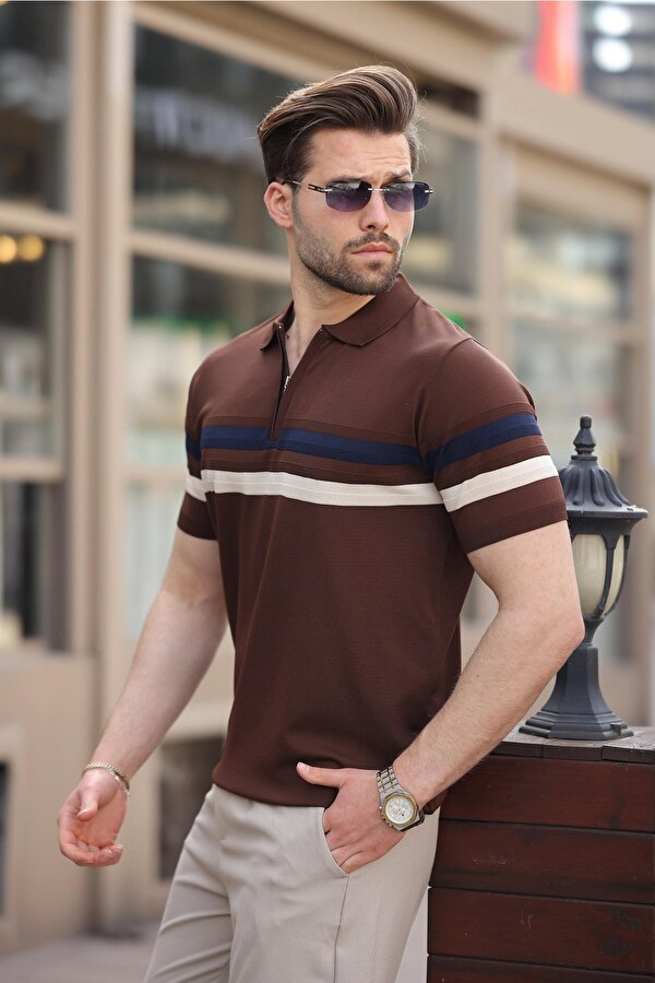 Madmext Kahverengi Fermuarlı Polo Yaka Triko Erkek T-shirt E7299