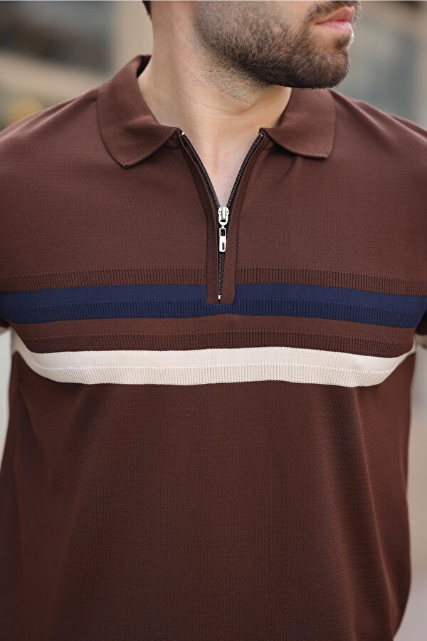 Madmext Kahverengi Fermuarlı Polo Yaka Triko Erkek T-shirt E7299