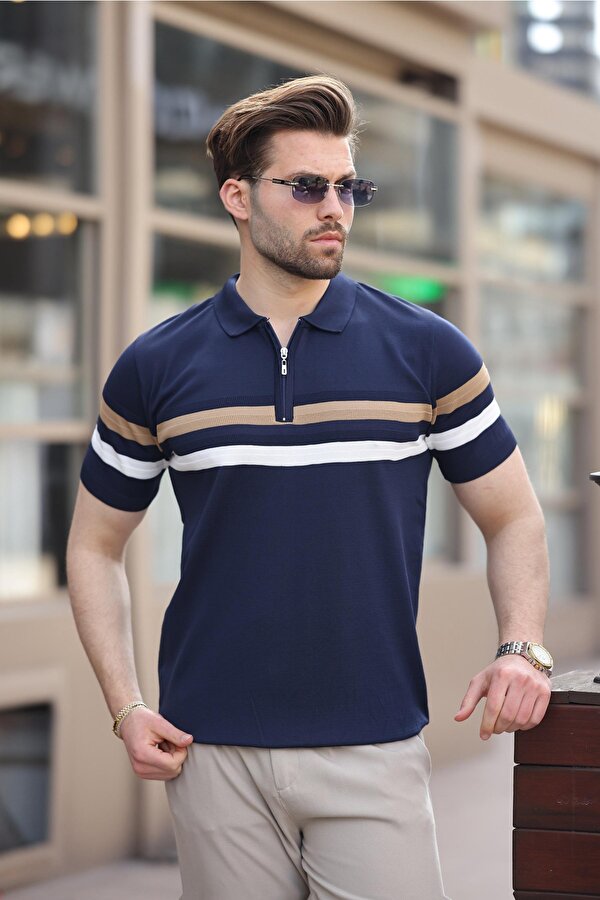 Madmext Lacivert Fermuarlı Polo Yaka Triko Erkek T-shirt E7299