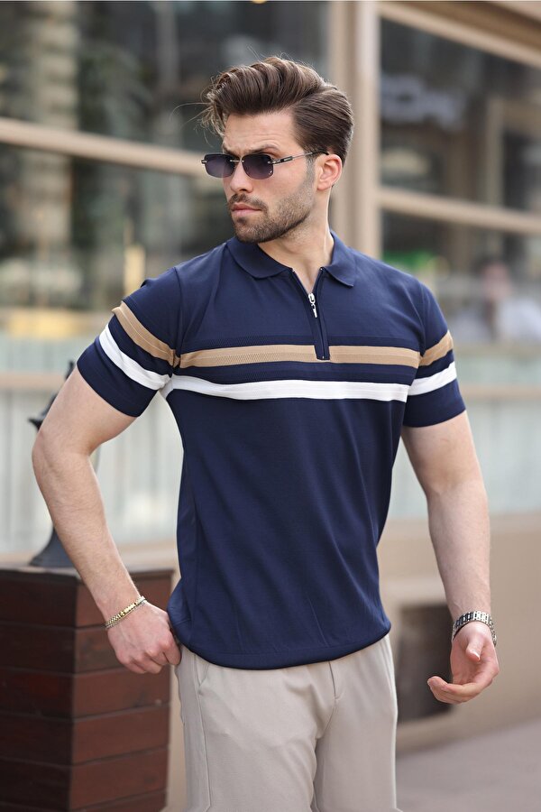 Madmext Lacivert Fermuarlı Polo Yaka Triko Erkek T-shirt E7299