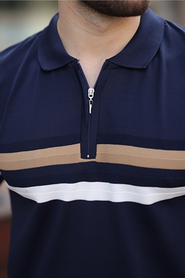 Madmext Lacivert Fermuarlı Polo Yaka Triko Erkek T-shirt E7299