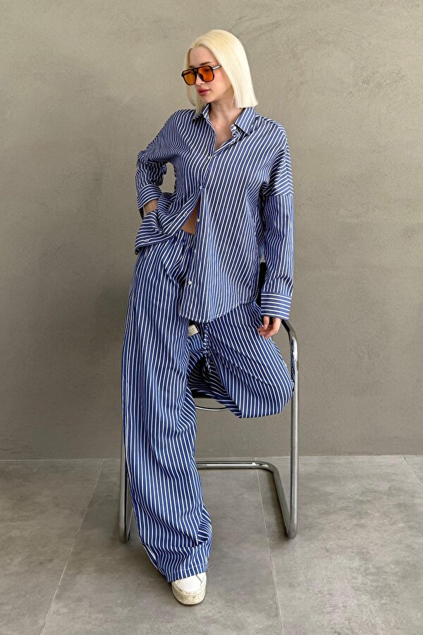 Madmext Lacivert Çizgili Gömlek Pantolon Kadın Takım MG2457