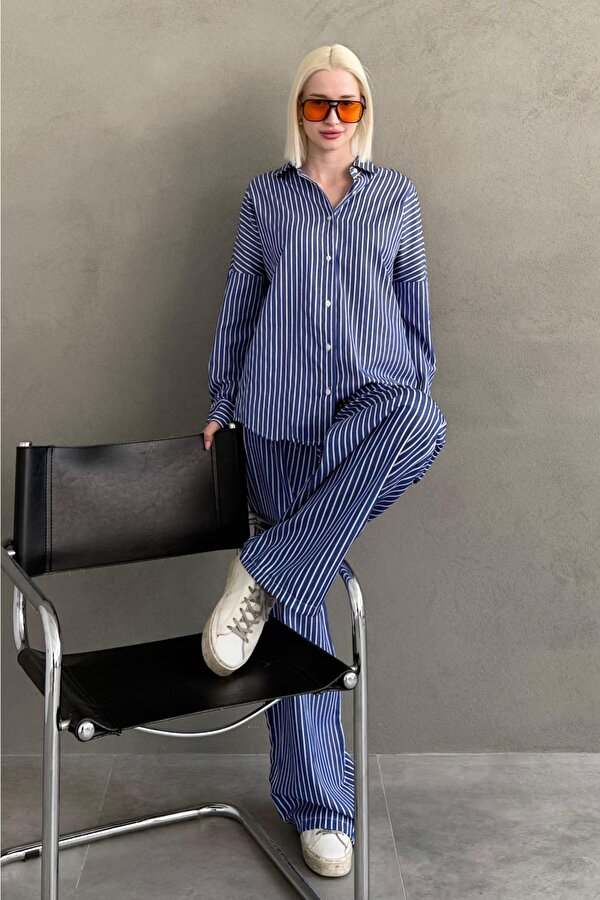 Madmext Lacivert Çizgili Gömlek Pantolon Kadın Takım MG2457