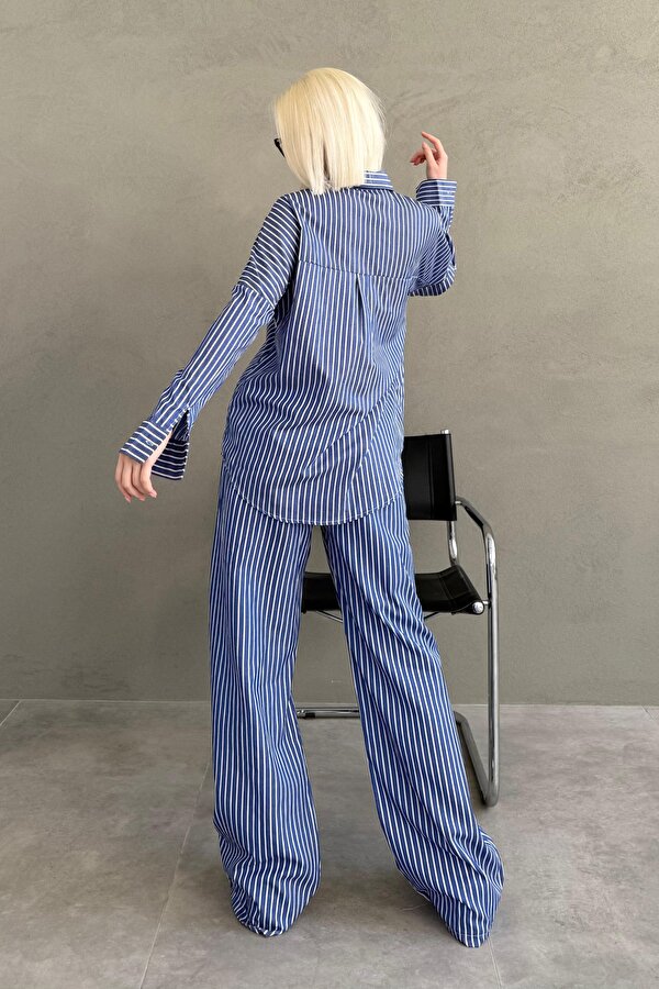 Madmext Lacivert Çizgili Gömlek Pantolon Kadın Takım MG2457