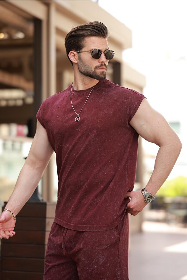 Madmext Bordo Basic Erkek Yırtık Detaylı Şort T-shirt Takım E7319