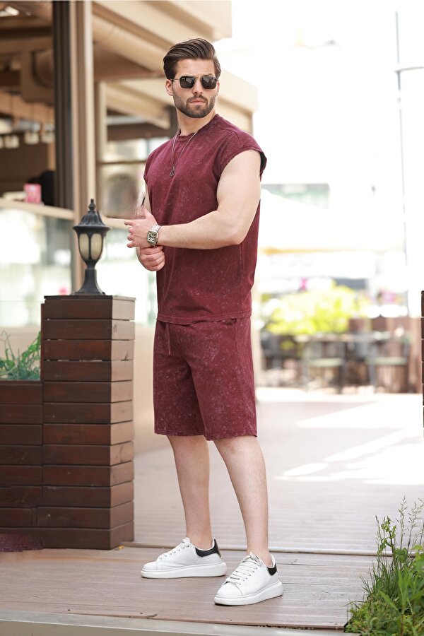 Madmext Bordo Basic Erkek Yırtık Detaylı Şort T-shirt Takım E7319