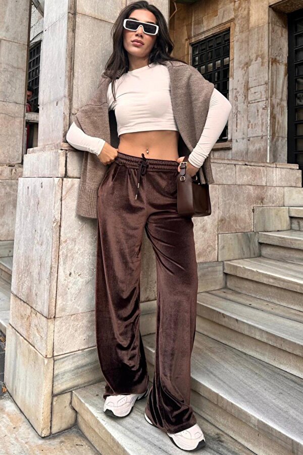 Madmext Kahverengi Bol Paça Kadife Pantolon MG2283