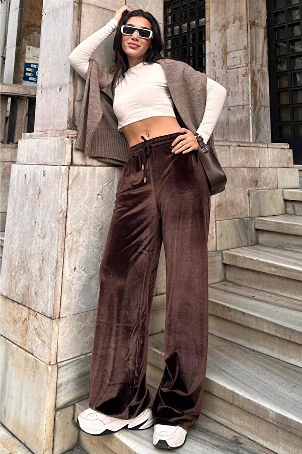 Madmext Kahverengi Bol Paça Kadife Pantolon MG2283