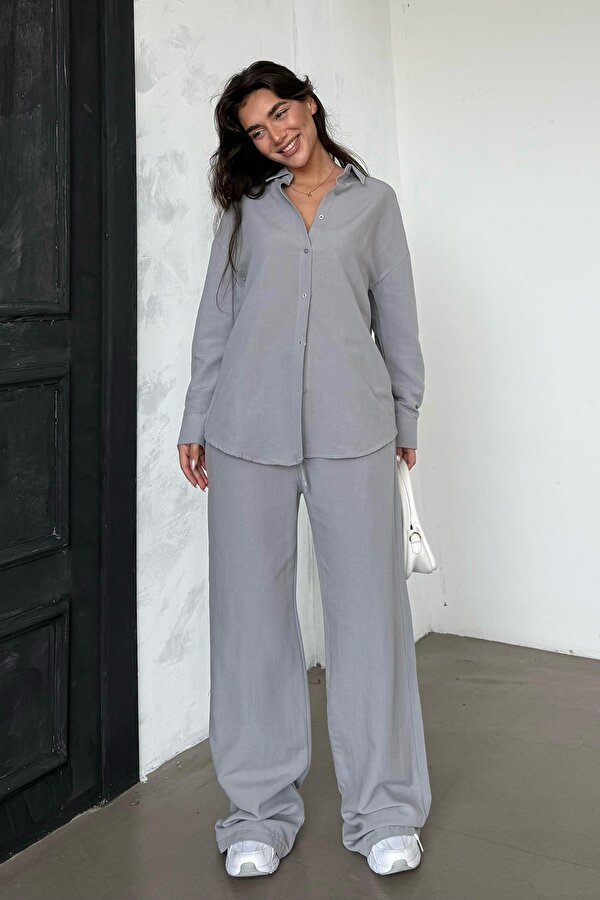Madmext Boyalı Gri Keten Kadın Gömlek Pantolon İkili Takım Mg2356