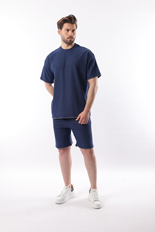Madmext Lacivert Nakış Detaylı Erkek Şort T-shirt Takım E7305
