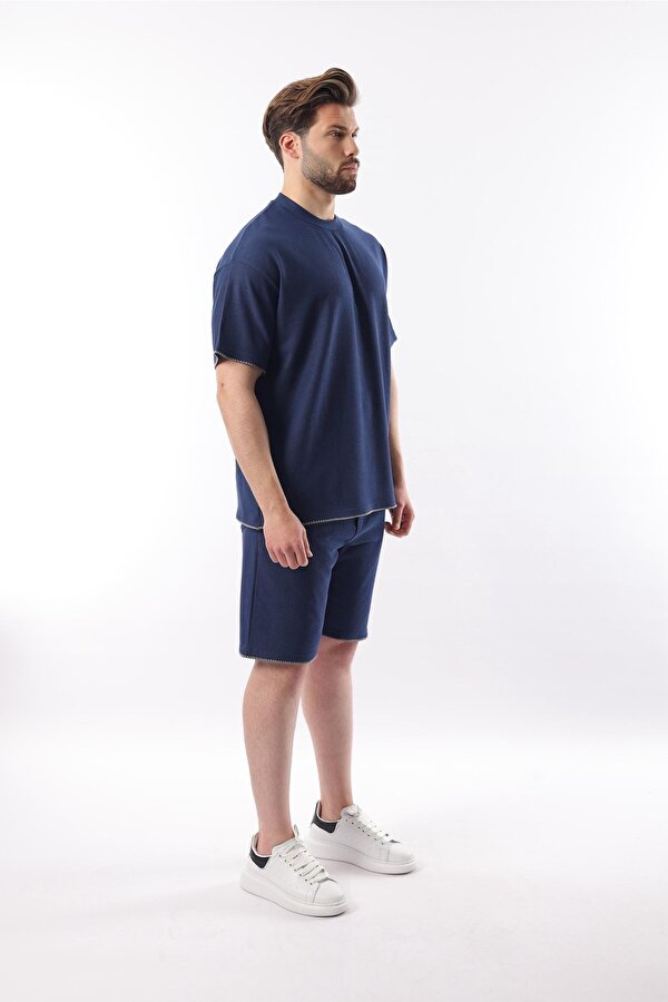 Madmext Lacivert Nakış Detaylı Erkek Şort T-shirt Takım E7305
