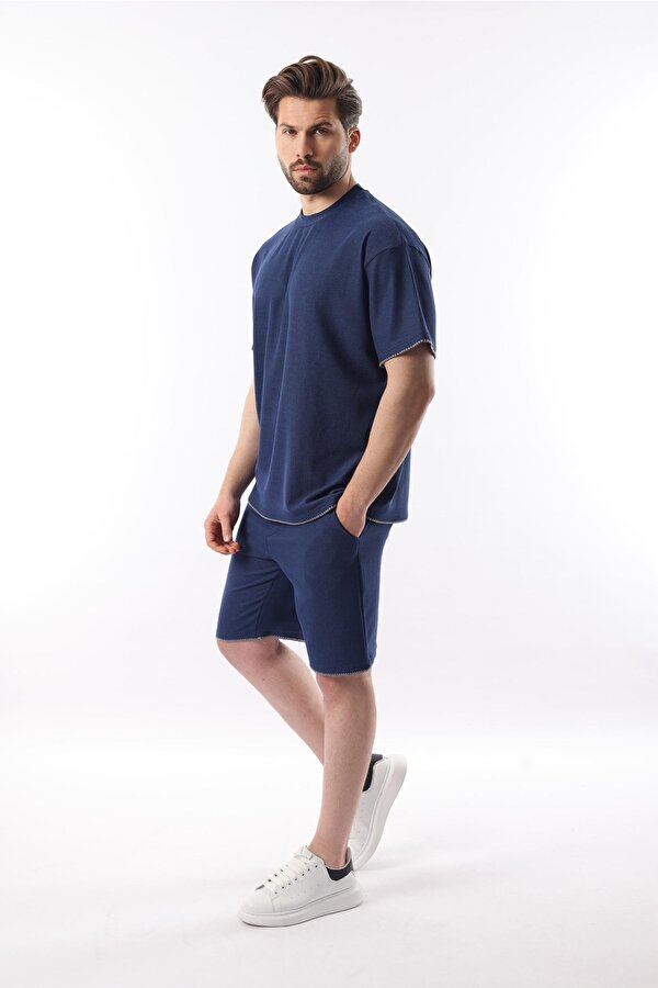 Madmext Lacivert Nakış Detaylı Erkek Şort T-shirt Takım E7305