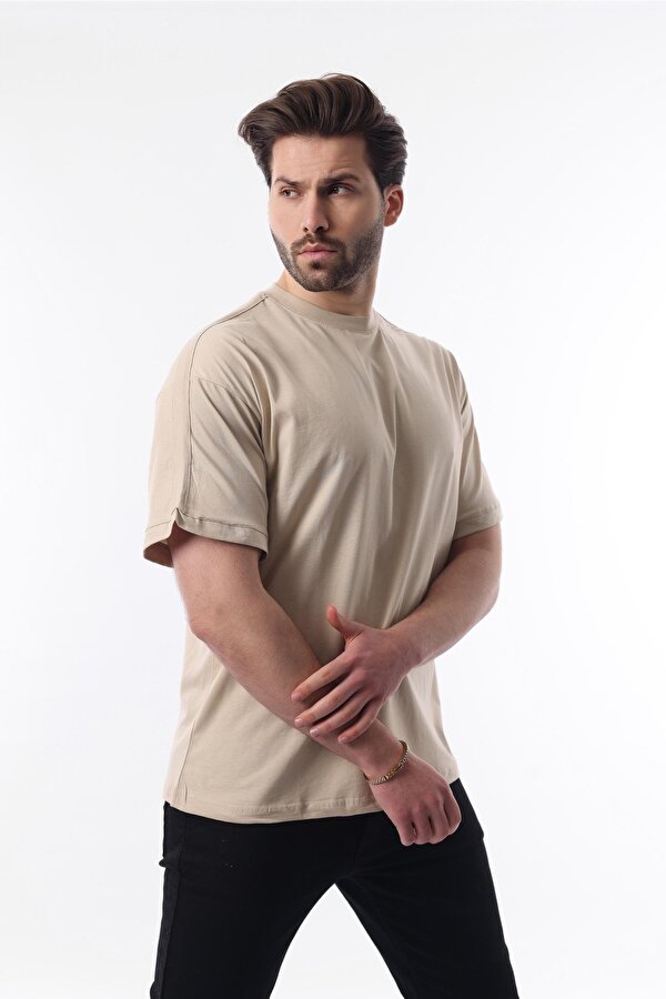 Madmext Erkek Vizon Oversize Şerit Detaylı Basic Tişört 7023