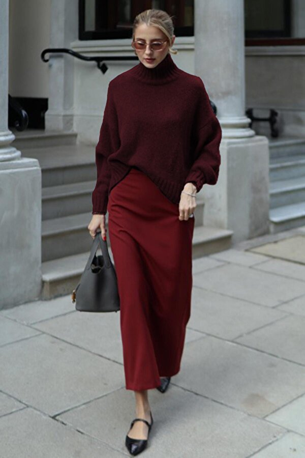 Madmext Bordo Boğazlı Kadın Triko Kazak Mg2535