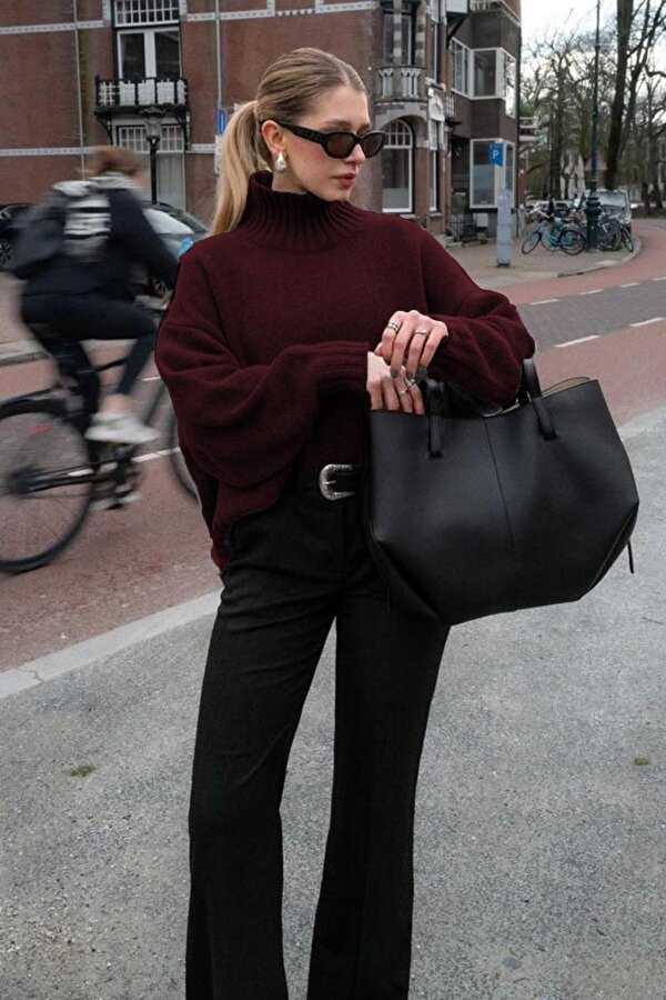 Madmext Bordo Boğazlı Kadın Triko Kazak Mg2535