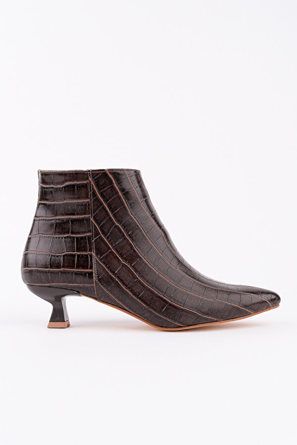 Muggo ÇAÇA Kroko Desenli Sivri Burun İnce Topuklu Fermuarlı Kadın Bot