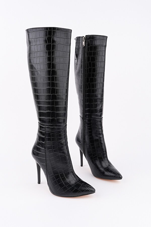Muggo ZEST Kroko Desenli Sivri Burun Fermuarlı İnce Topuklu Kadın Çizme
