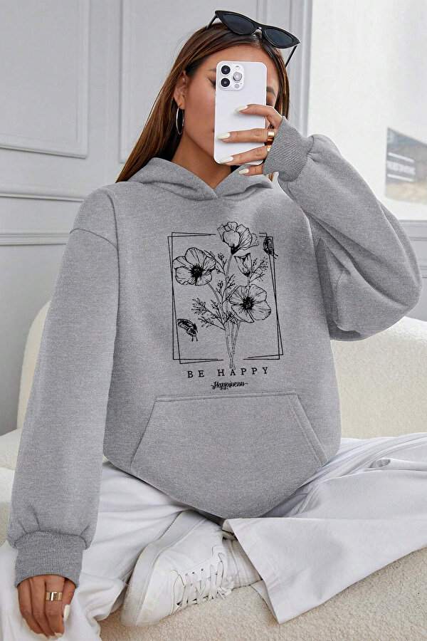 uyguntarz Be Happy Baskılı  Pamuklu Oversize Sweatshirt