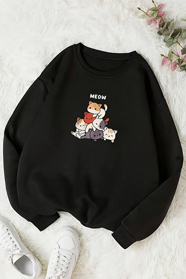 Meow Tatlı Kediler Baskılı Oversize Sweatshirt - 3 Al 1 Öde