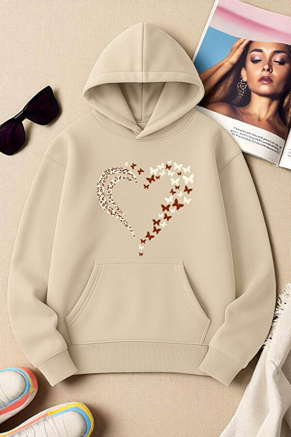Unisex Leopar Kalp Desenli Baskılı Oversize Sweatshirt