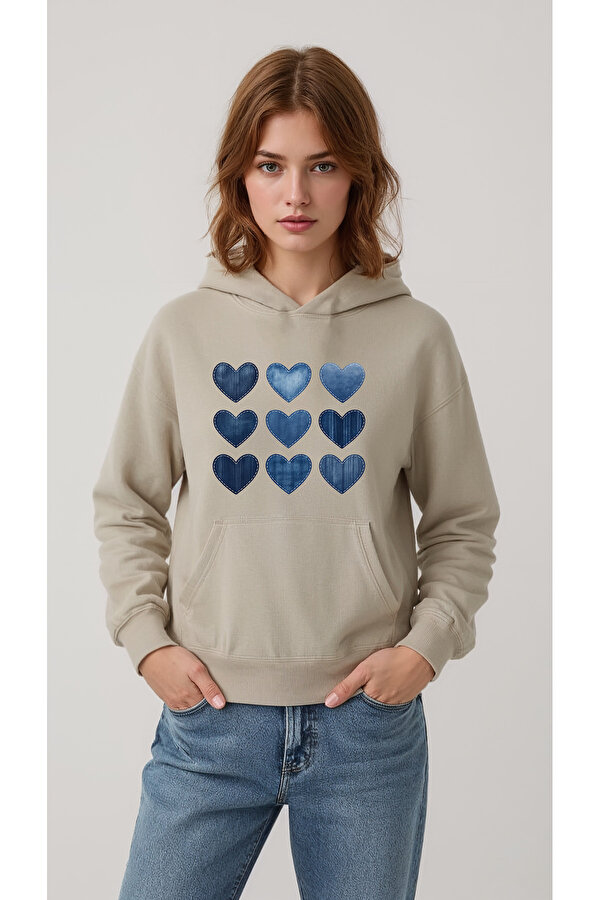 uyguntarz Unisex Jean Desenli Kalp Baskılı Tasarım Oversize Sweatshirt