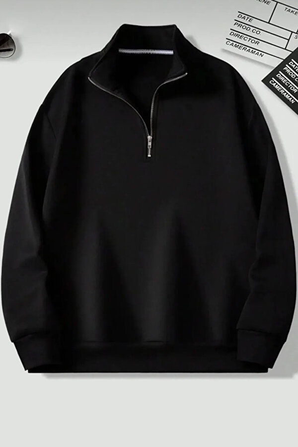 uyguntarz Dik Yaka Yarım Fermuarlı Düz Kazak Sweatshirt