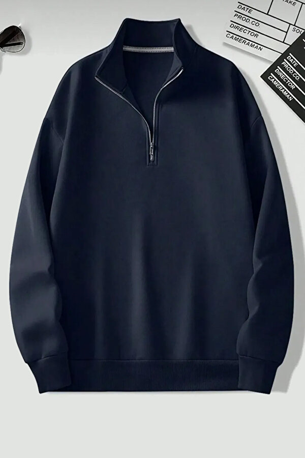 uyguntarz Dik Yaka Yarım Fermuarlı Düz Kazak Sweatshirt