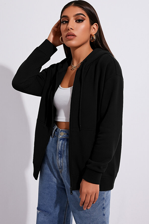Unisex Siyah Fermuarlı Kapüşonlu Sweatshirt - 3 Al 1 Öde