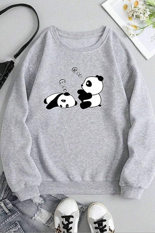 Unisex Uykucu Panda Baskılı Bisiklet Yaka Sweatshirt