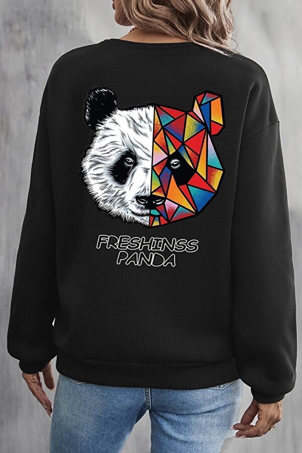 Unisex Panda Baskılı Bisiklet Yaka Sweatshirt