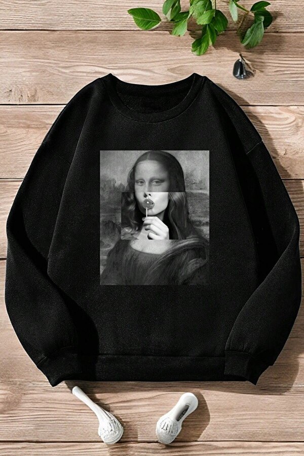 Unisex Mona Lisa Baskılı Bisiklet Yaka Sweatshirt - 3 Al 1 Öde