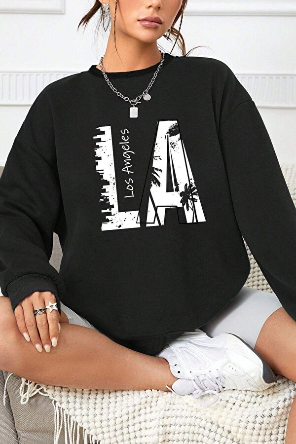 Unisex Los Angles Baskılı Bisiklet Yaka Sweatshirt