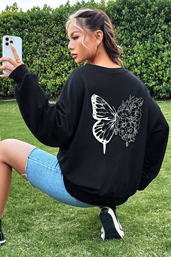 Unisex Drawing Butterflies Baskılı Bisiklet Yaka Sweatshirt - FLO 3 Al 1 Öde