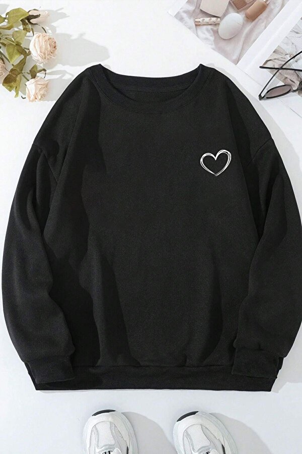 uyguntarz Unisex Kalp Baskılı Bisiklet Yaka Sweatshirt