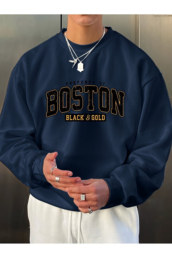 Unisex Boston Baskılı Oversize Sweatshirt