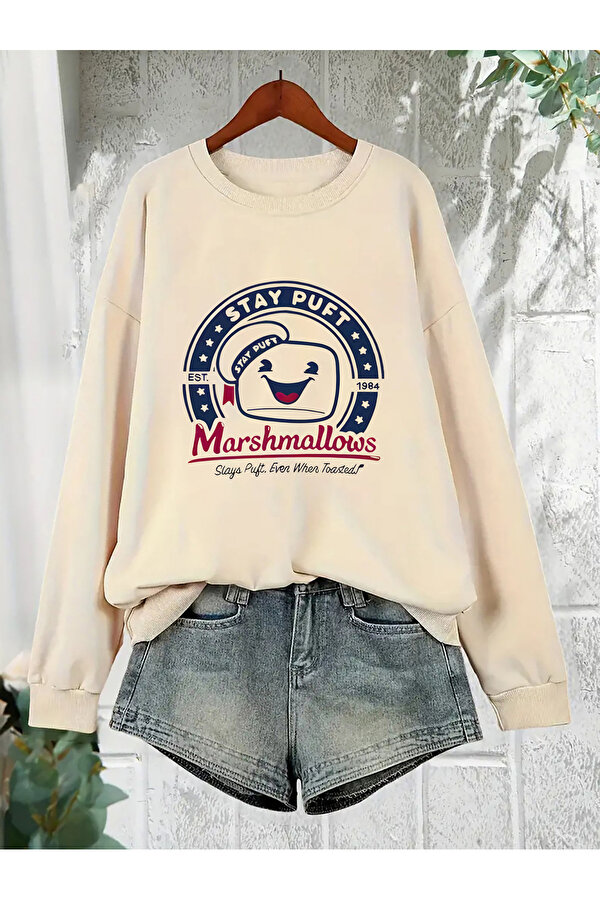 uyguntarz Unisex Sevimli Marshmallows Baskılı Oversize Sweatshirt