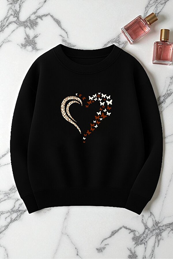 Unisex Leopar Kalp Desenli Baskılı Oversize Sweatshirt