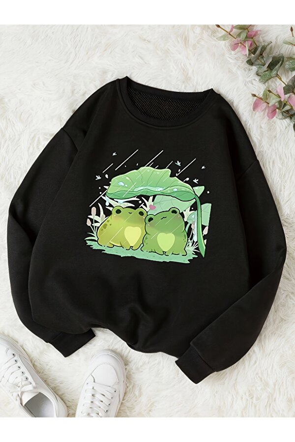 uyguntarz Unisex Sevimli Kurbagalar Baskılı Oversize Sweatshirt