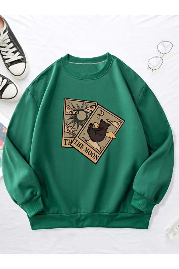 Unisex Tarot Kart Baskılı Oversize Sweatshirt