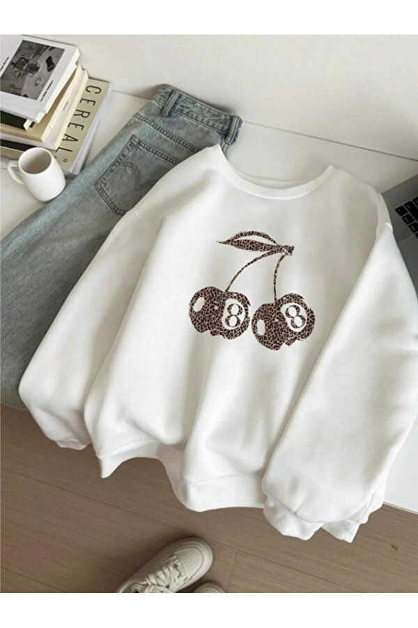 Unisex Leopar Desenli Kiraz Baskılı Tasarım Oversize Sweatshirt - 3 Al 1 Öde