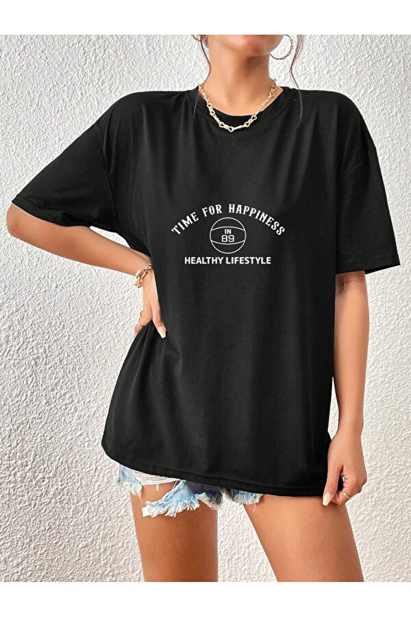 Unisex Time For Happiness Tasarım Basklı Tshirt - FLO 3 Al 1 Öde