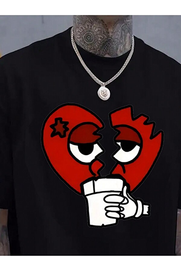 Unisex Kırık Kalp bardak Baskılı Oversize Tshirt - FLO 3 Al 1 Öde